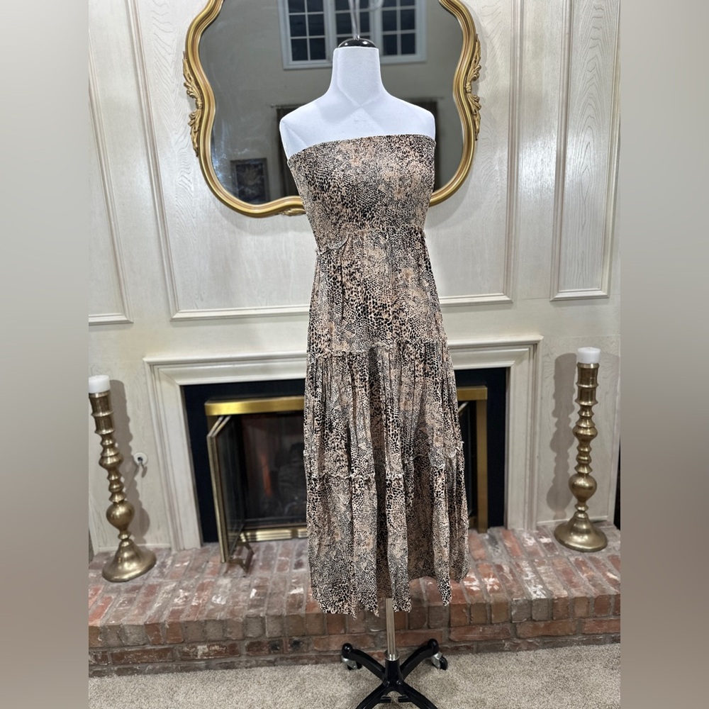 Anthropologie ABEL The Label Strapless Animal Print Dress‎ Size Small Boho Midi